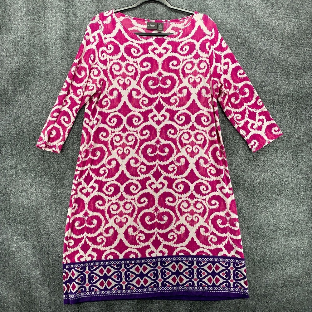 Chicos Travelers Dress 2P Womens PL Pink Scroll Print Stretchy Coastal Resort